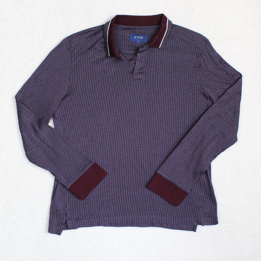 Eton Polo Shirt Mens Medium Slim Red Blue Herringbone Long Sleeve Luxury